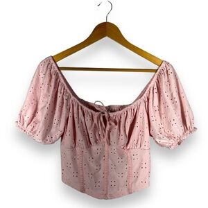 Jolie & Joy Eyelet Embroidered Puff Sleeve Bustier Top, Candy Pink, Size XL